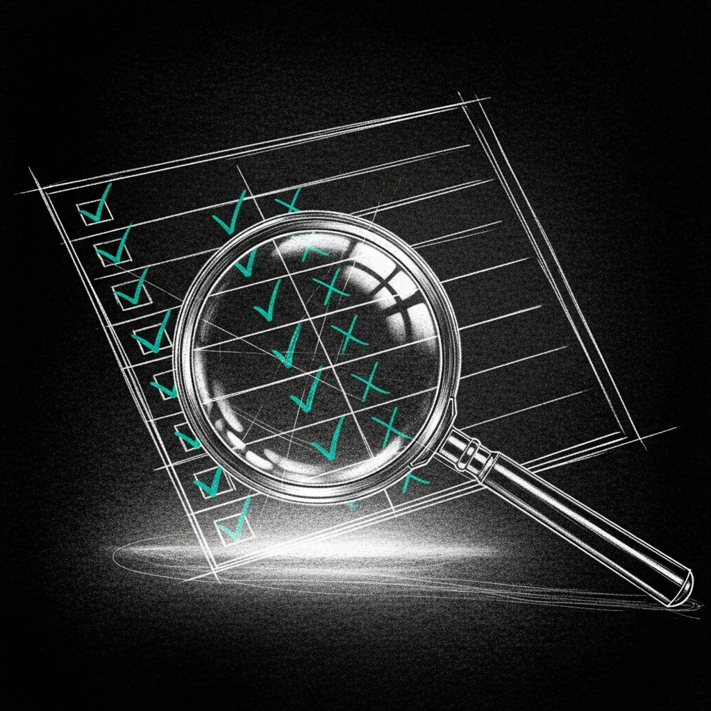 The evaluation rubric — a magnifying glass examining AI responses against strict pass/fail criteria.