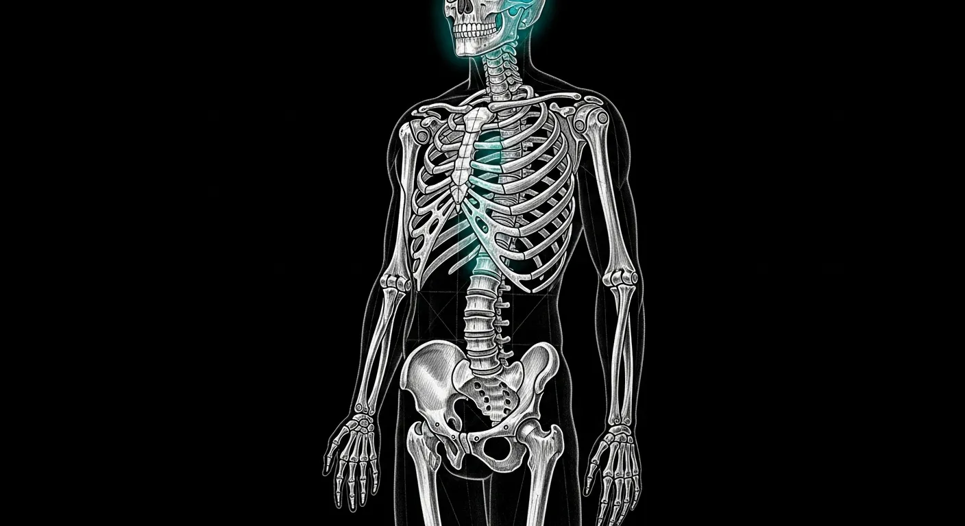 The Bones — a pencil-sketch anatomical plate of Sanctum's Rust services laid out as a load-bearing skeletal frame, each vertebra labelled with a service name, faint teal halo along the spine