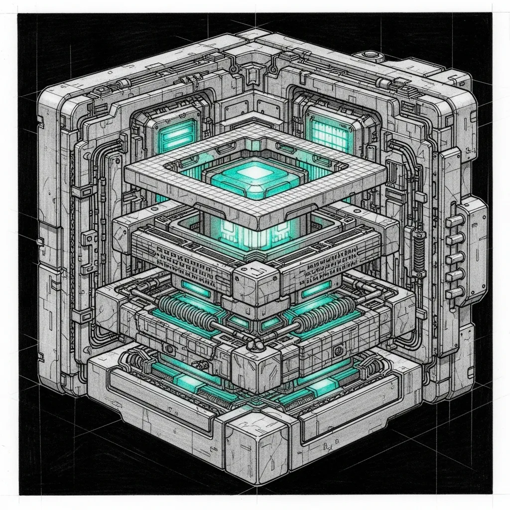 A technical sketch of a five-layer vault shielding a central data node.