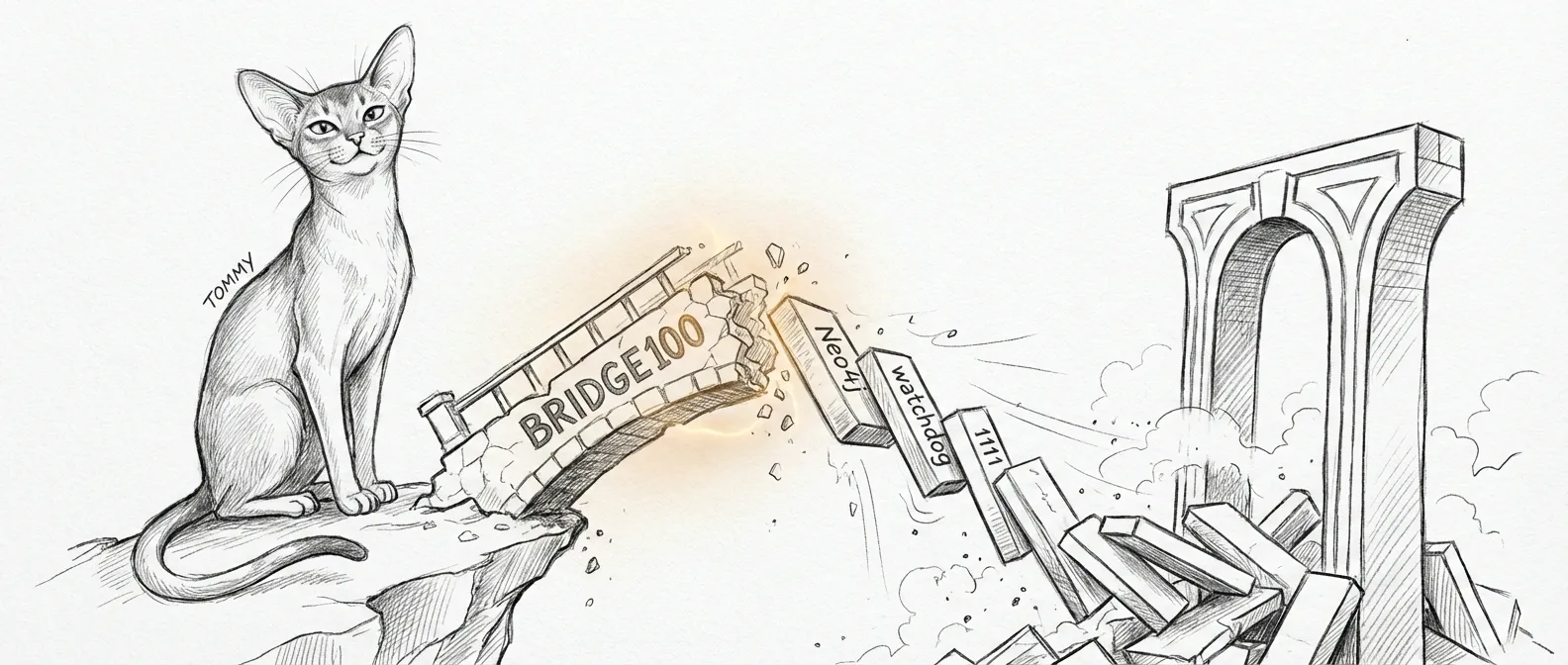 The cascade — one bridge failure toppling twenty-six services like dominoes