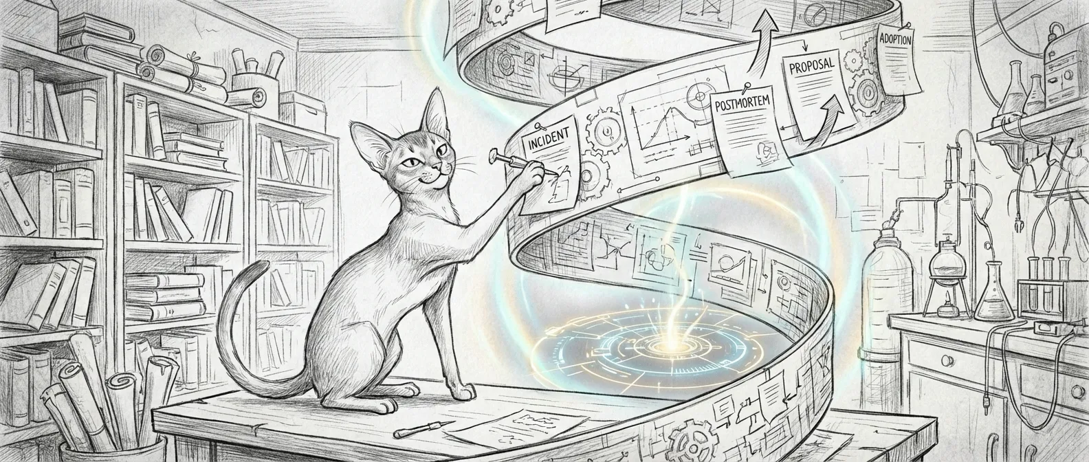 The Living Force evolution spiral — Tommy filing incidents into a machine that turns mistakes into architecture