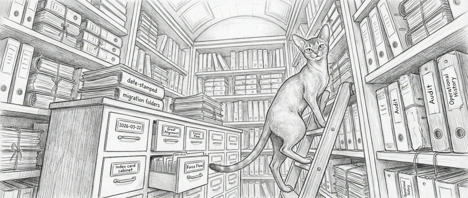 Tommy in the archive stacks — every migration labeled, every incident filed, every bad decision preserved for science