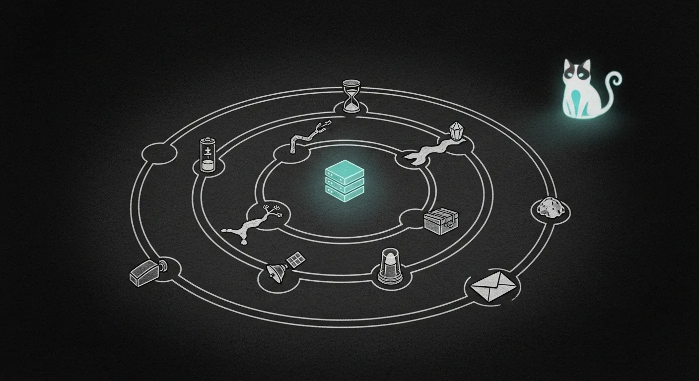 A minimalist graphite pencil sketch on dark charcoal: seven nested protective rings around a glowing teal server cube, ringed by hand-drawn battery, hourglass, strongbox, and folded-letter icons.