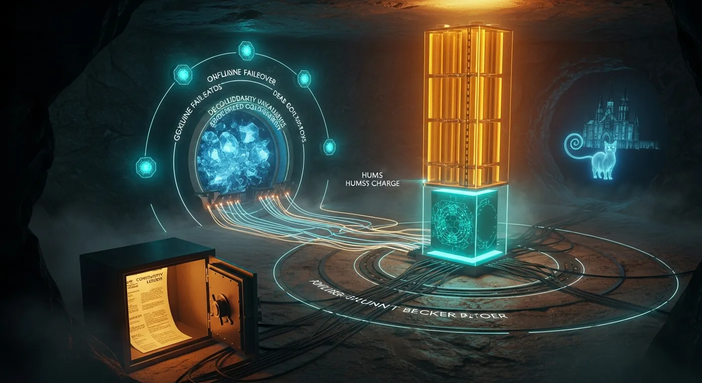 A cinematic colorful sci-fi cross-section of a fortified home-server bunker in Quebec bedrock — a glowing teal Mac Mini core wired to an amber EcoFlow battery tower, ringed by defensive halos.