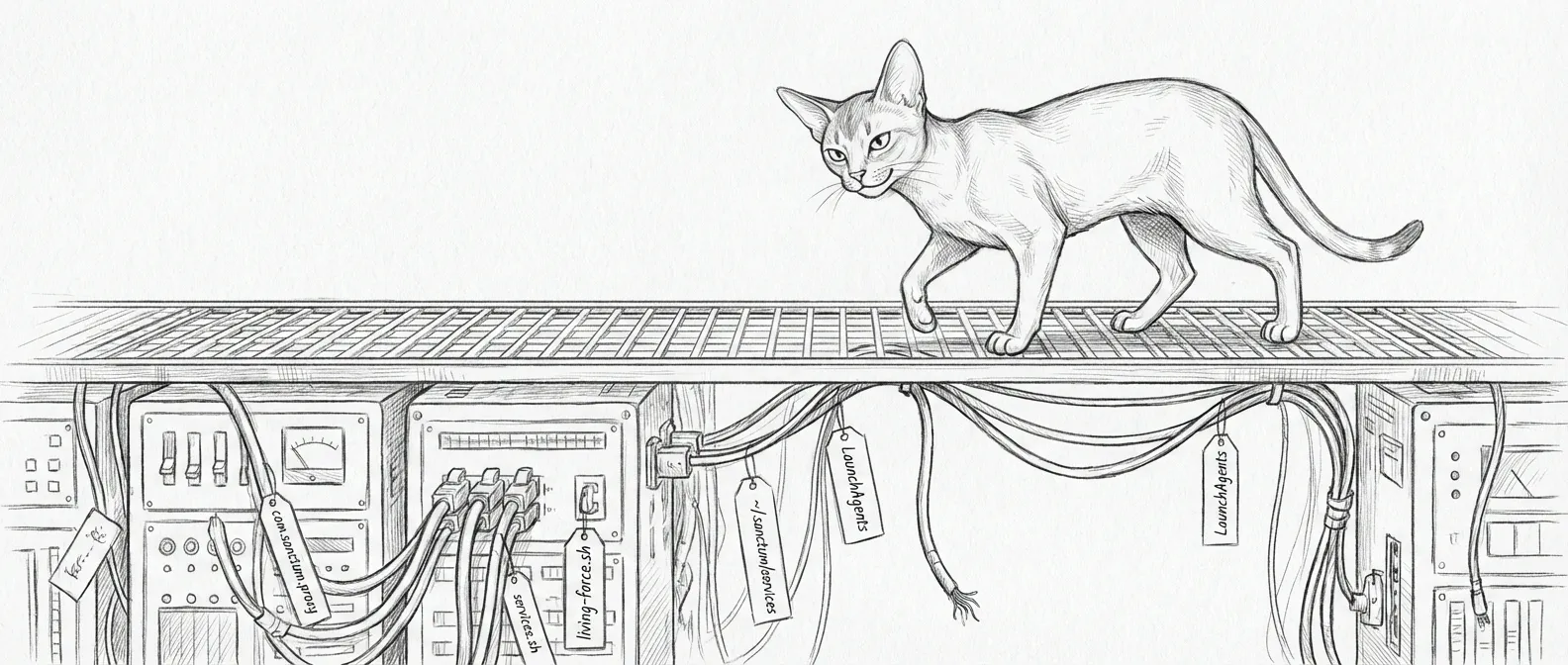 Tommy on the launchd catwalk — staring down a row of plists that finally point somewhere real