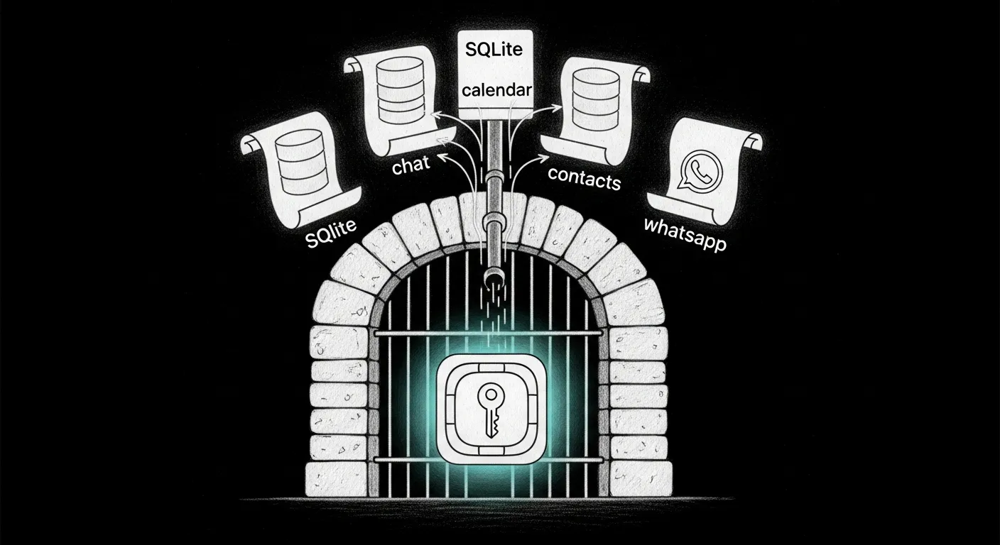 A small Mac app bundle at a stone gate, four SQLite scrolls flowing through a thin pipe into it
