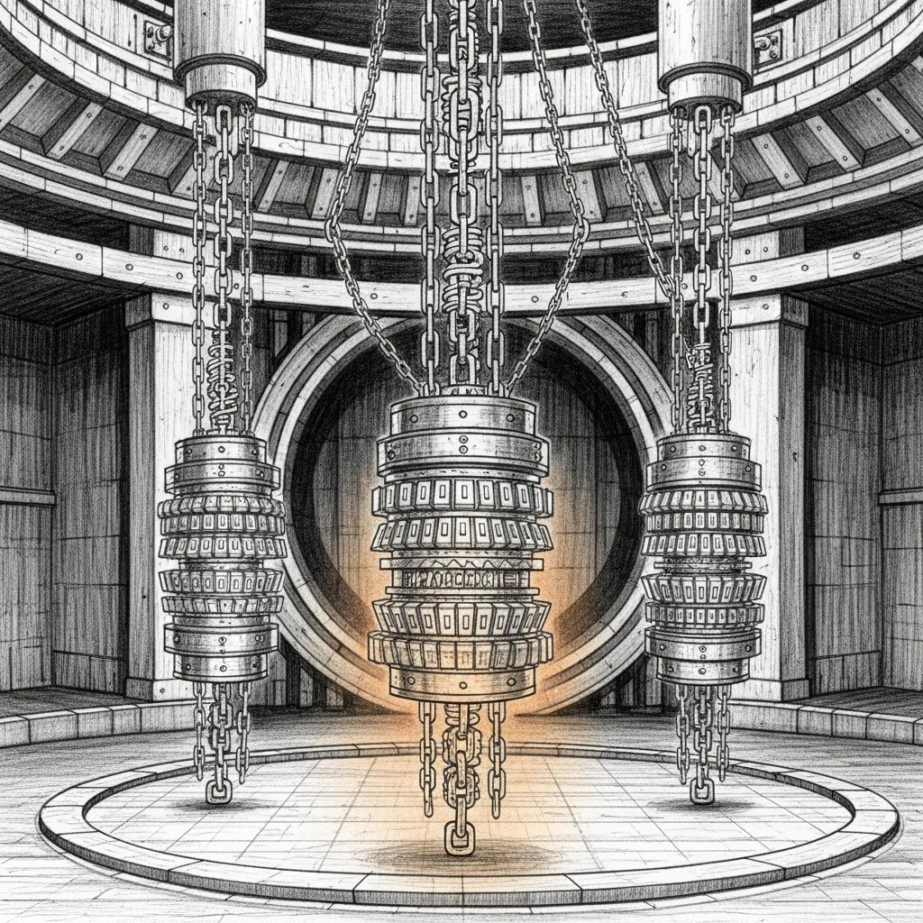 A pencil-sketch vault interior with rotating cylinder locks, soft amber accents on the active mechanism