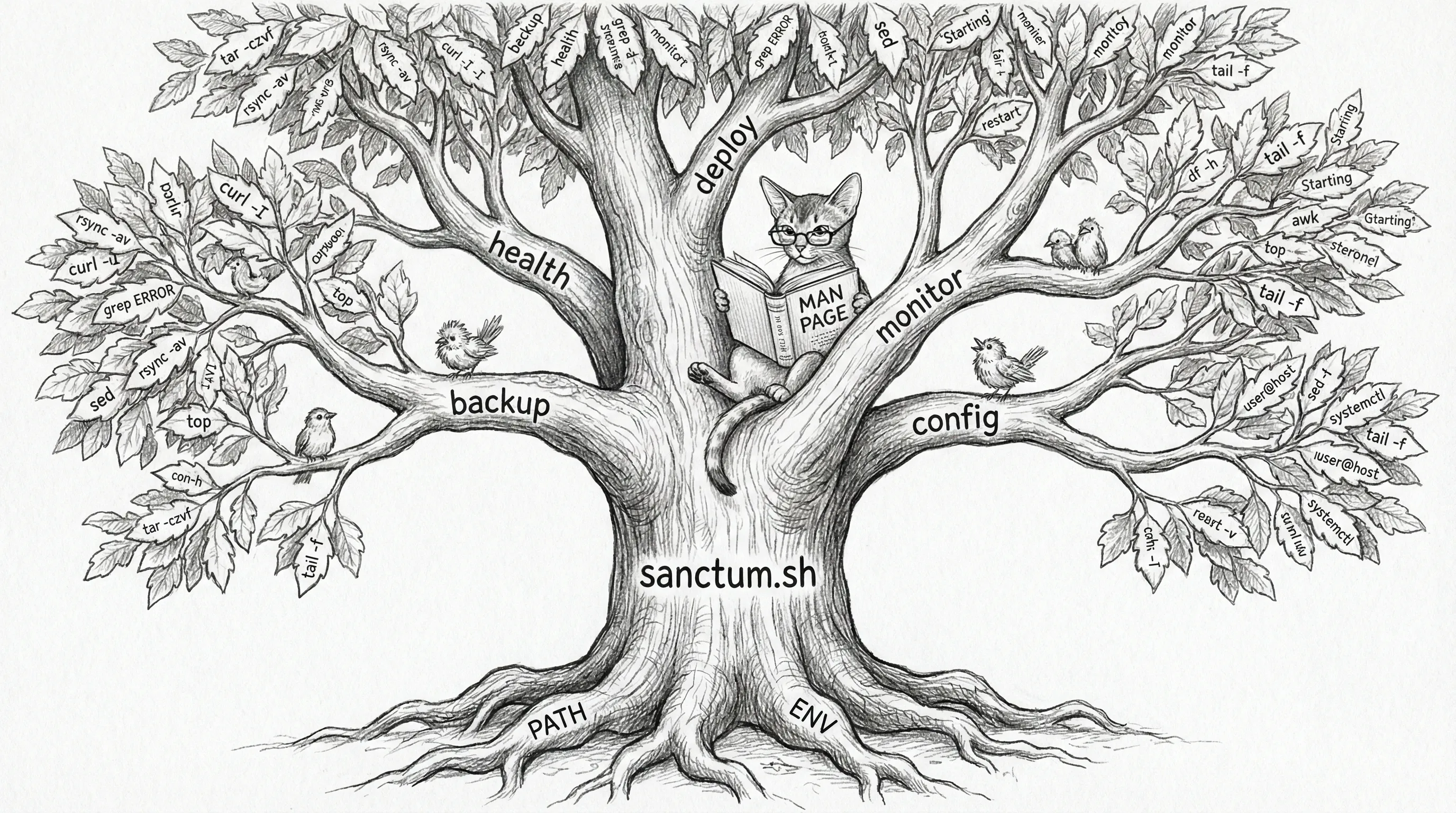 The function tree — every shell helper branching from a single source into the operations that keep the lights on