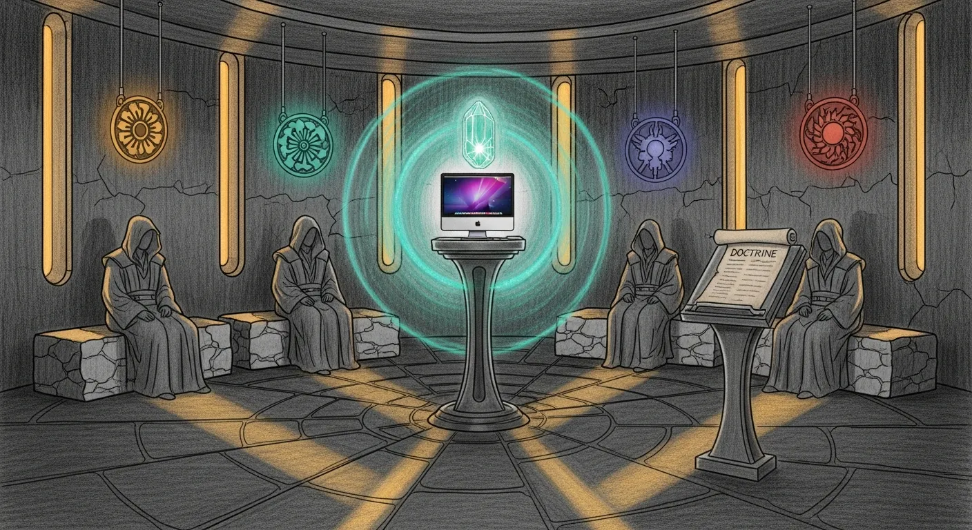A pencil-sketch interior of a Jedi temple sanctum on a dark slate background. At its centre, a kyber crystal pedestal glows teal; the crystal itself is a small Mac Mini held in suspension. Around it, five robed Jedi silhouettes are seated in a half-circle, each marked by a different colored sigil — amber, teal, indigo, sage, rust. A parchment scroll on a side lectern is labelled DOCTRINE
