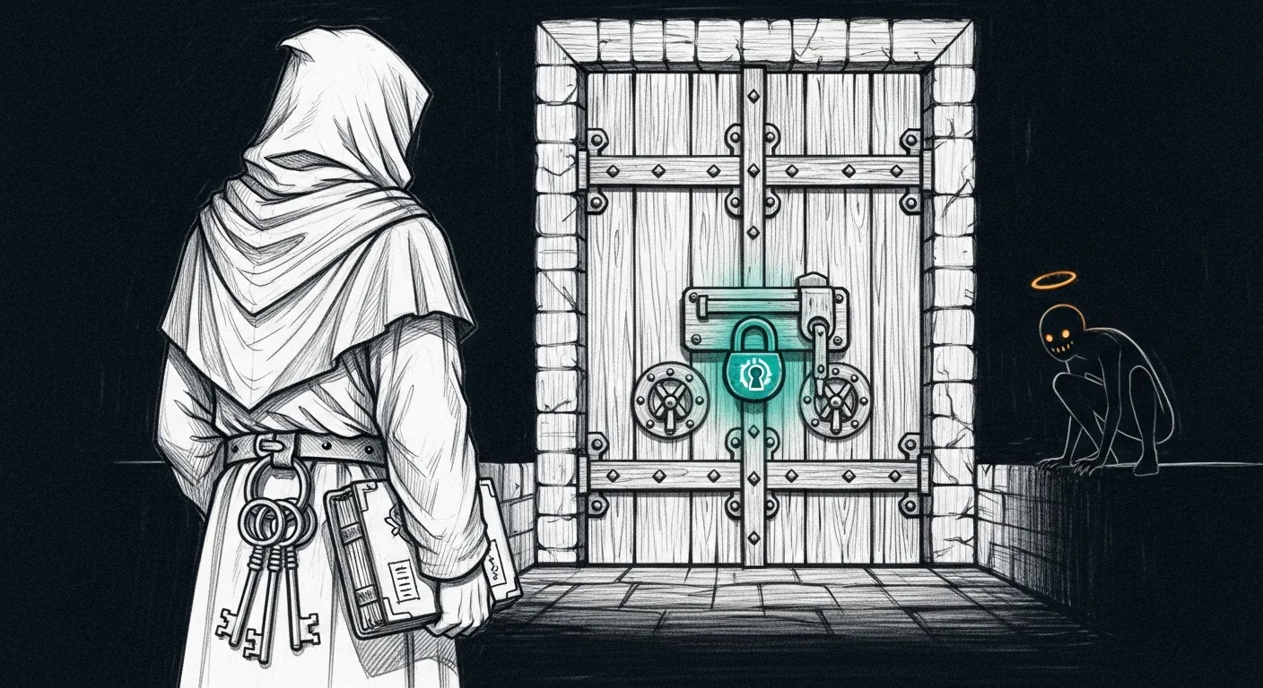 A pencil-sketch dark-slate composition. In the foreground a hooded keeper — the Castellan — holds a ring of iron keys and a marked ledger before an iron-bound oak strongroom whose lock glows teal. Off to one side, crouched on a parapet in deep shadow, a small Gollum-silhouette watches the strongroom with a single amber halo around its head.