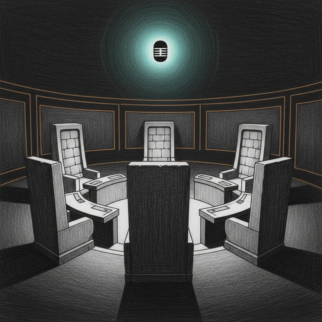 The council chamber, empty, with a single silent microphone lit by a teal halo