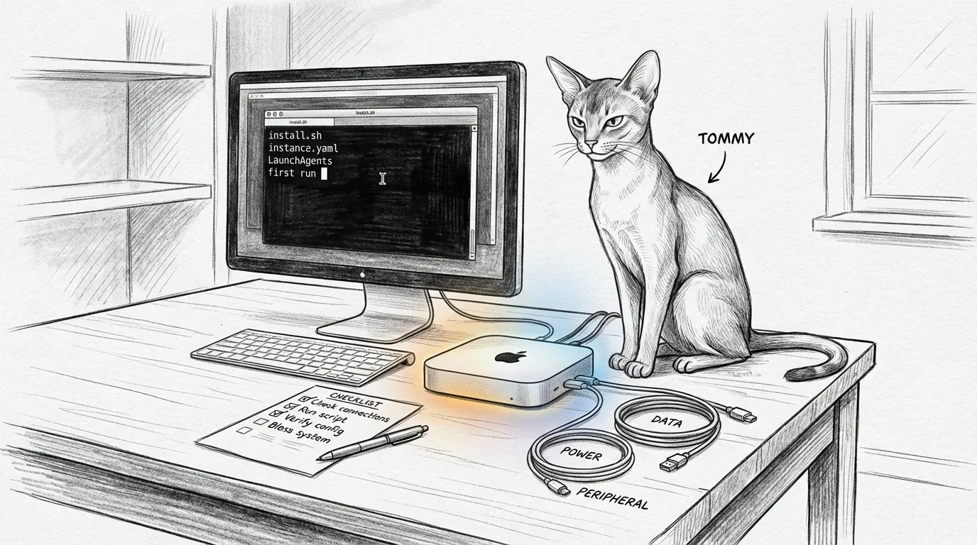 Tommy supervises the Mac Mini setup — quality assurance by feline