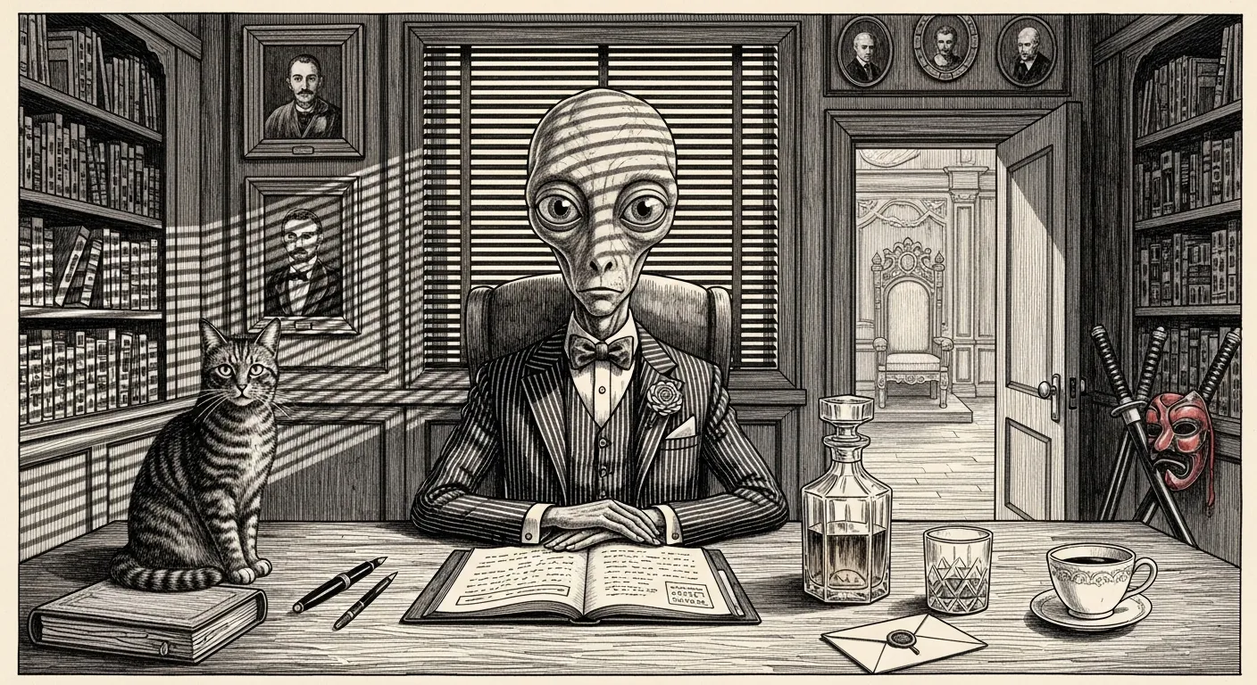 Yoda in his consigliere's study — pinstripe suit, Venetian-blind shadows, a Godfather cat on the desk, and a pair of katanas someone in a red suit forgot in the corner